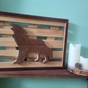 Handcrafted wood cabin decor with wolf silhouette 12x9x1